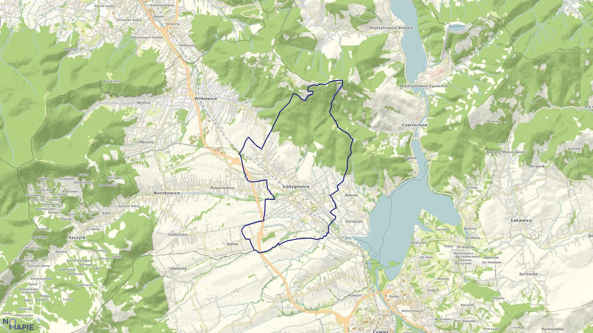 Mapa obrębu Łodygowice w gminie Łodygowice